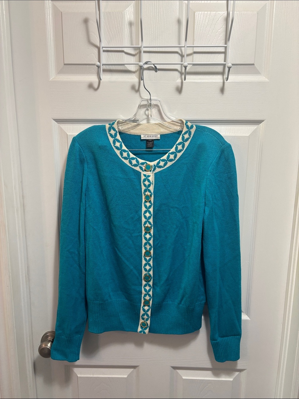 St. John Sport Teal Blue Cardigan Sweater with Gold Buttons